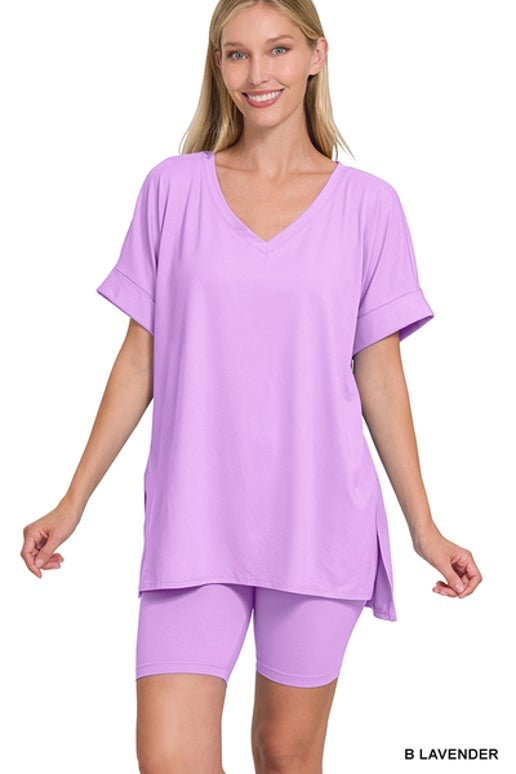 Bright Lavender V-Neck Biker Short Set