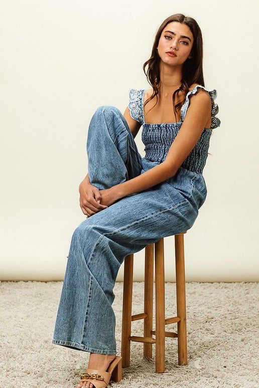 Eyelet Washed Denim Jumpsuit