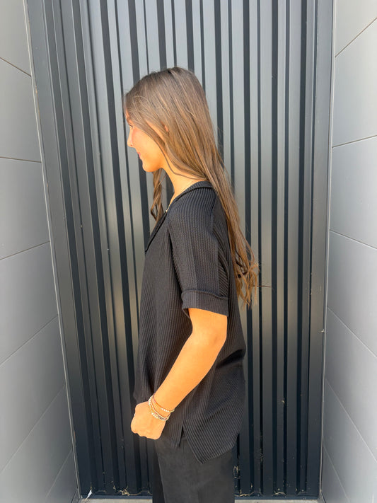 Black Corded Rib Hi-Low V-Neck Top