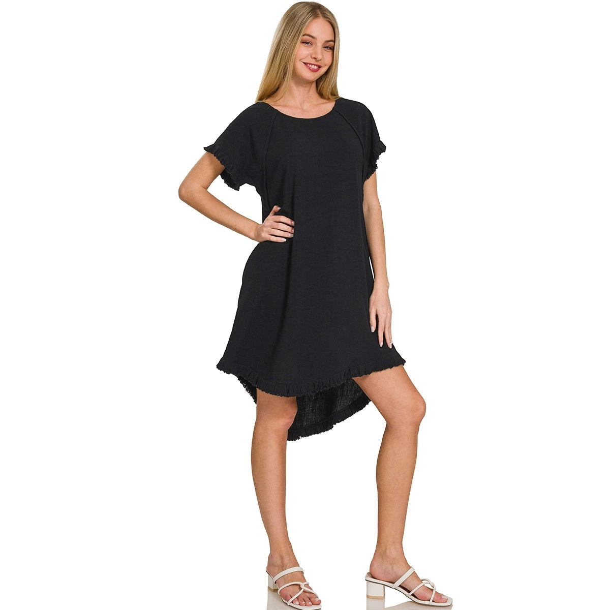 Black Short Sleeve Linen Dress