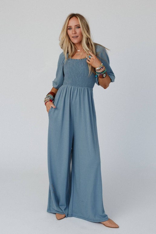 Dusty Blue Smocked Jumpsuit