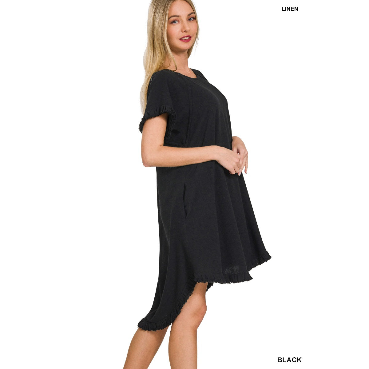 Black Short Sleeve Linen Dress