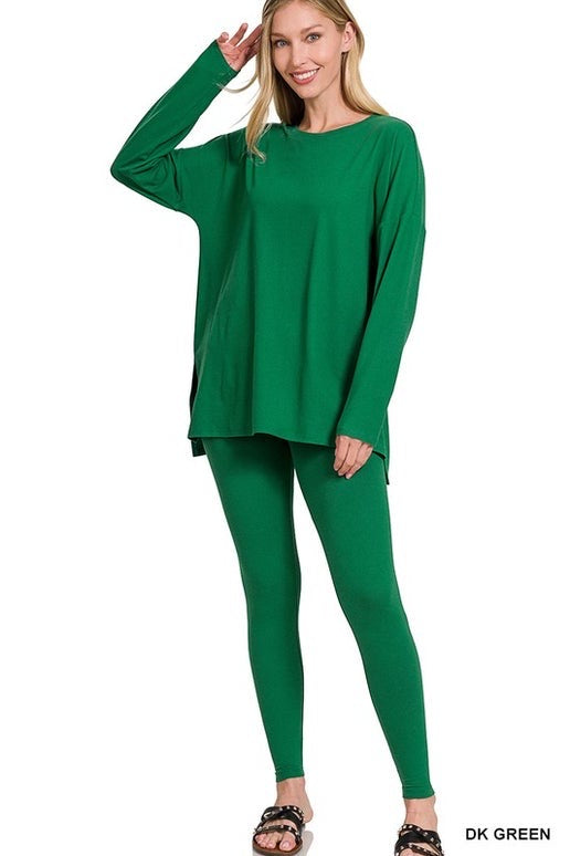 Green microfiber long sleeve legging lounge set.