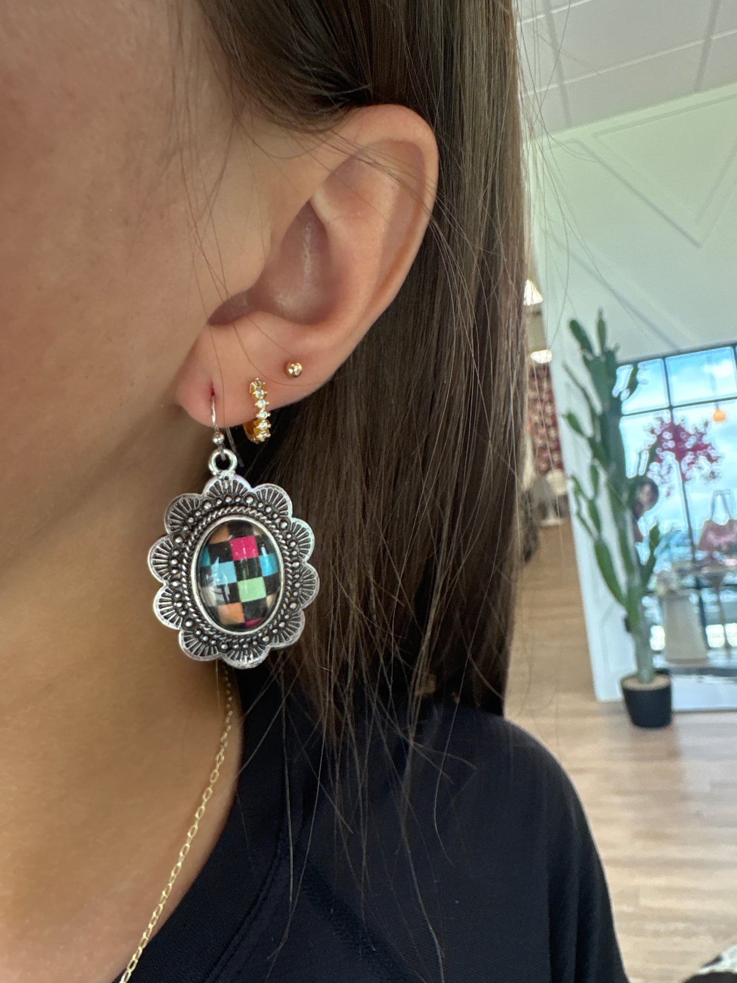 Checkered Multicolor Western Earrings