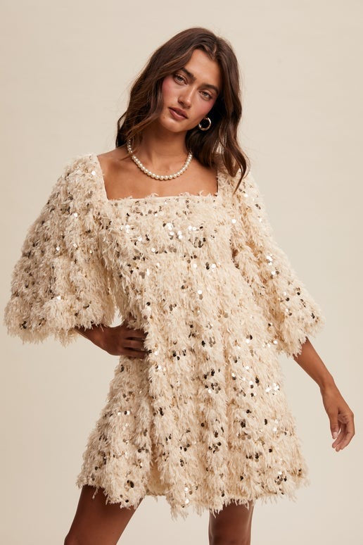 Champagne Feather and Sequin Dress