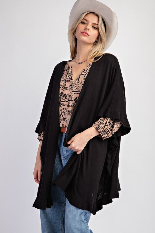 Black Short Sleeve Ruffle Cardigan