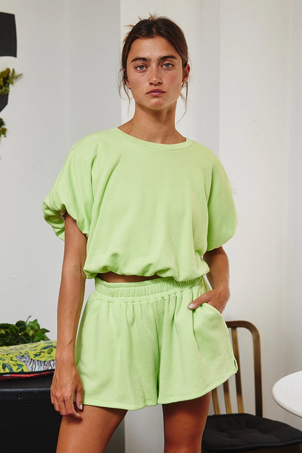 Bubble Hem & Sleeve Cropped Short Set (Neon Green & Pink)