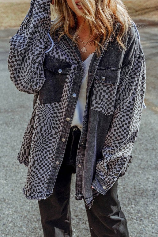 Checkered Patchwork Hooded denim Jacket