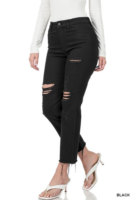 Black Denim Distressed Crop