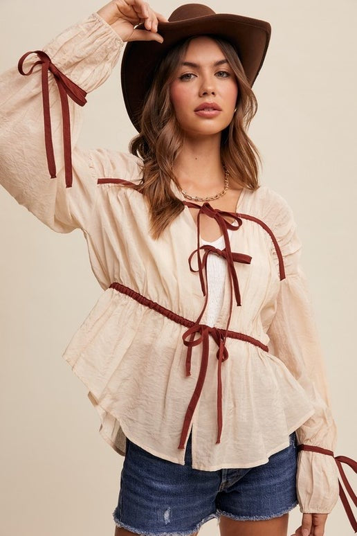 Champagne & Maroon Bow Tie Front Top