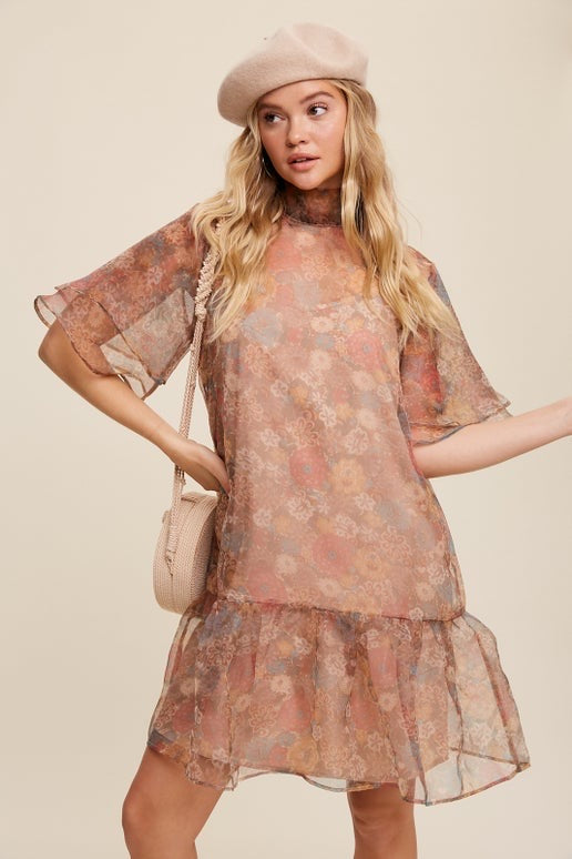 Light Brown Mock Neck Ruffle Organza Mini Dress