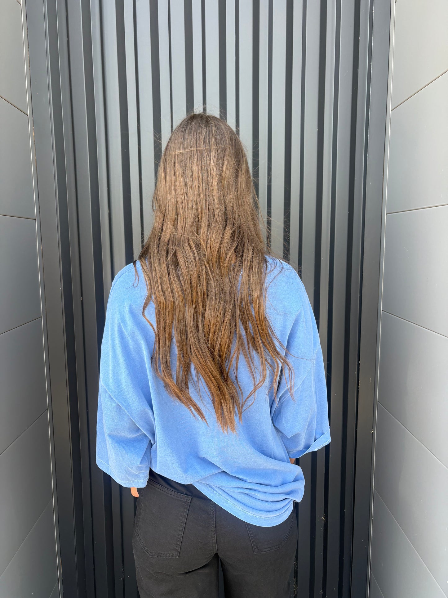 Blue Checkered Peace Sign Oversized Graphic Tee