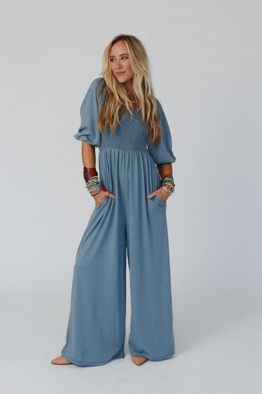 Dusty Blue Smocked Jumpsuit