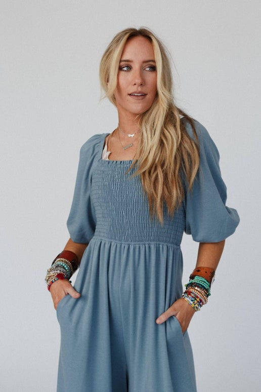 Dusty Blue Smocked Jumpsuit