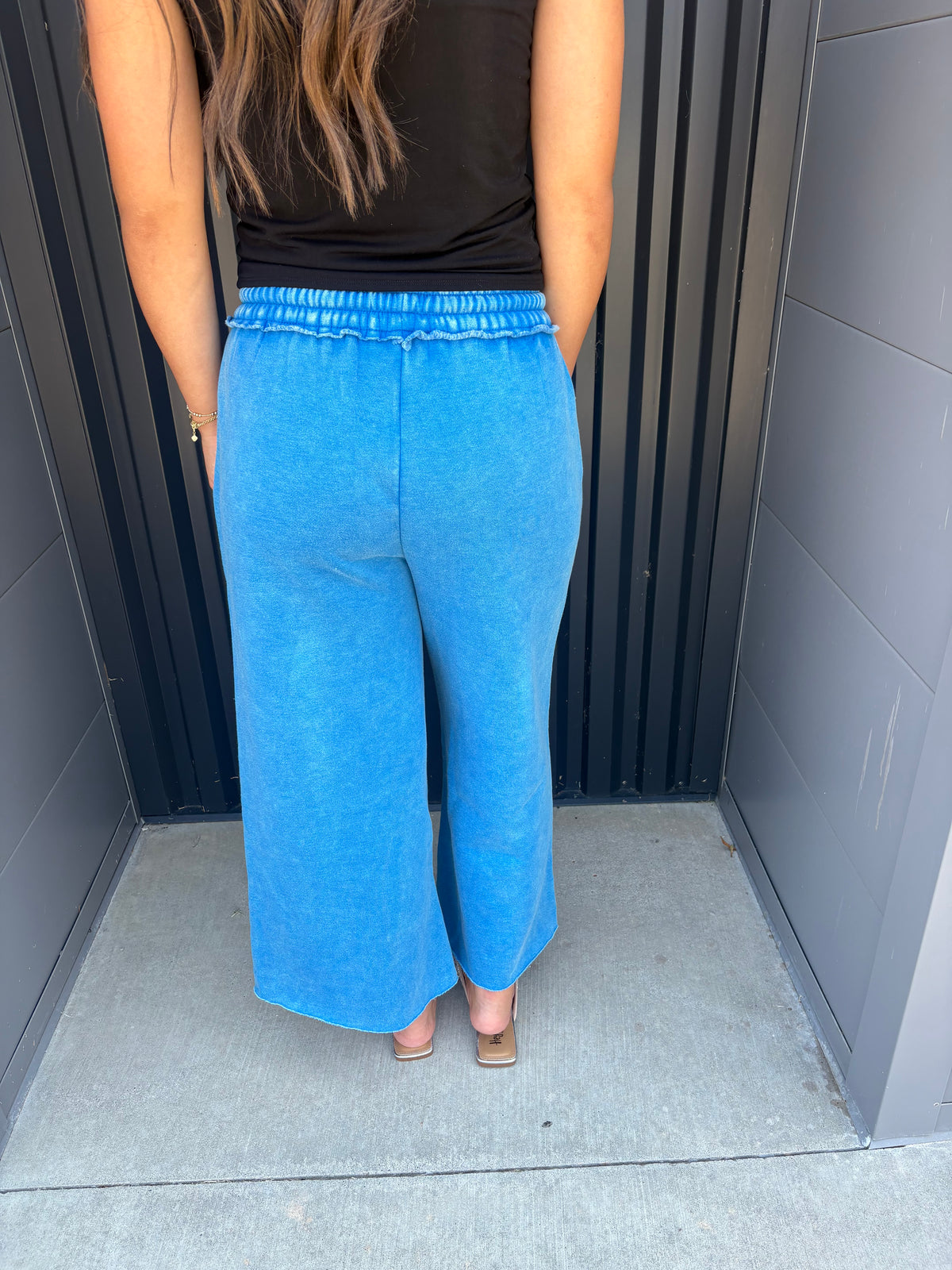 Ocean Blue Acid Washed Fleece Palazzo Pants
