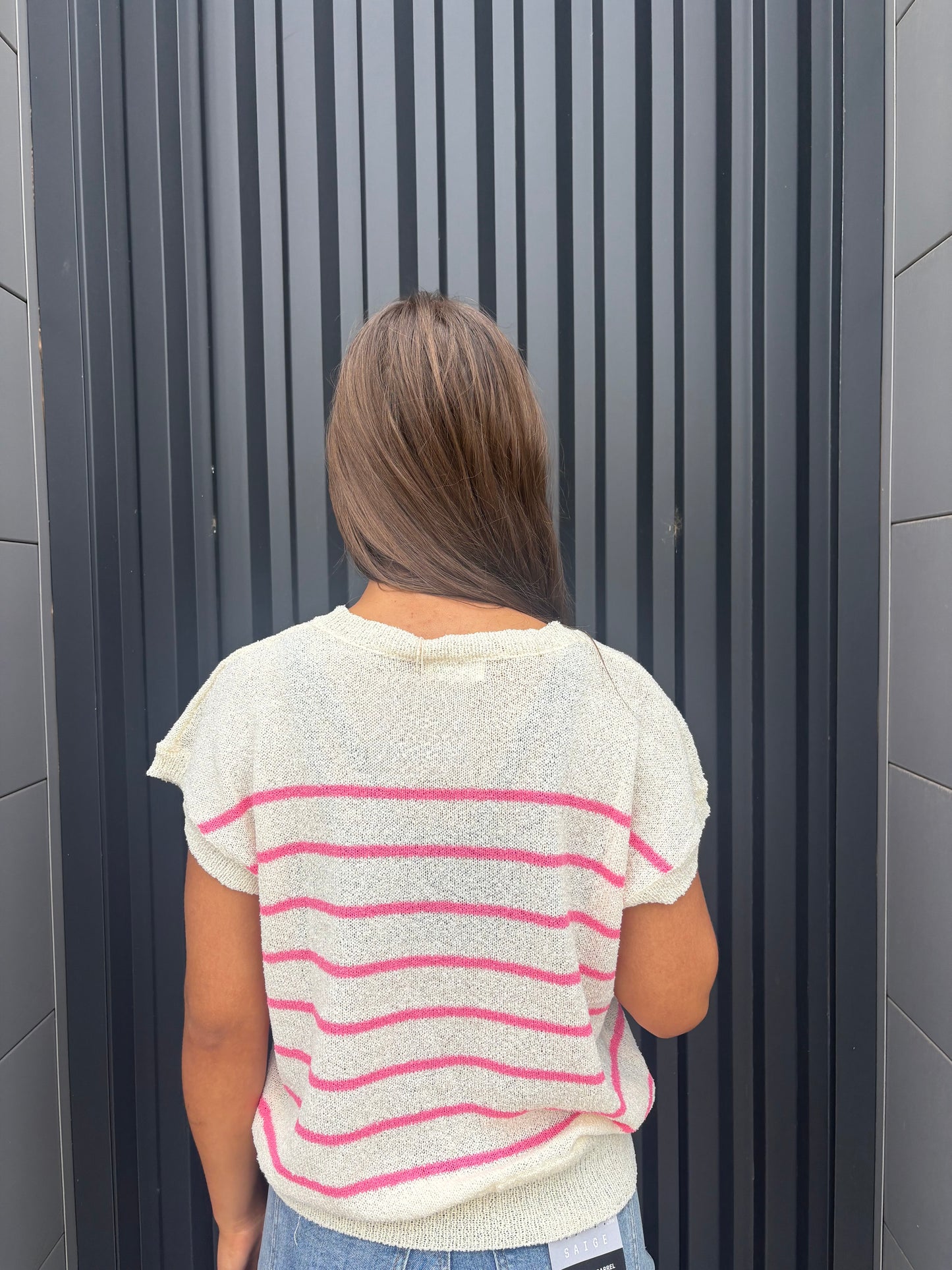 Pink and Beige Stripe Sheer Knit Top