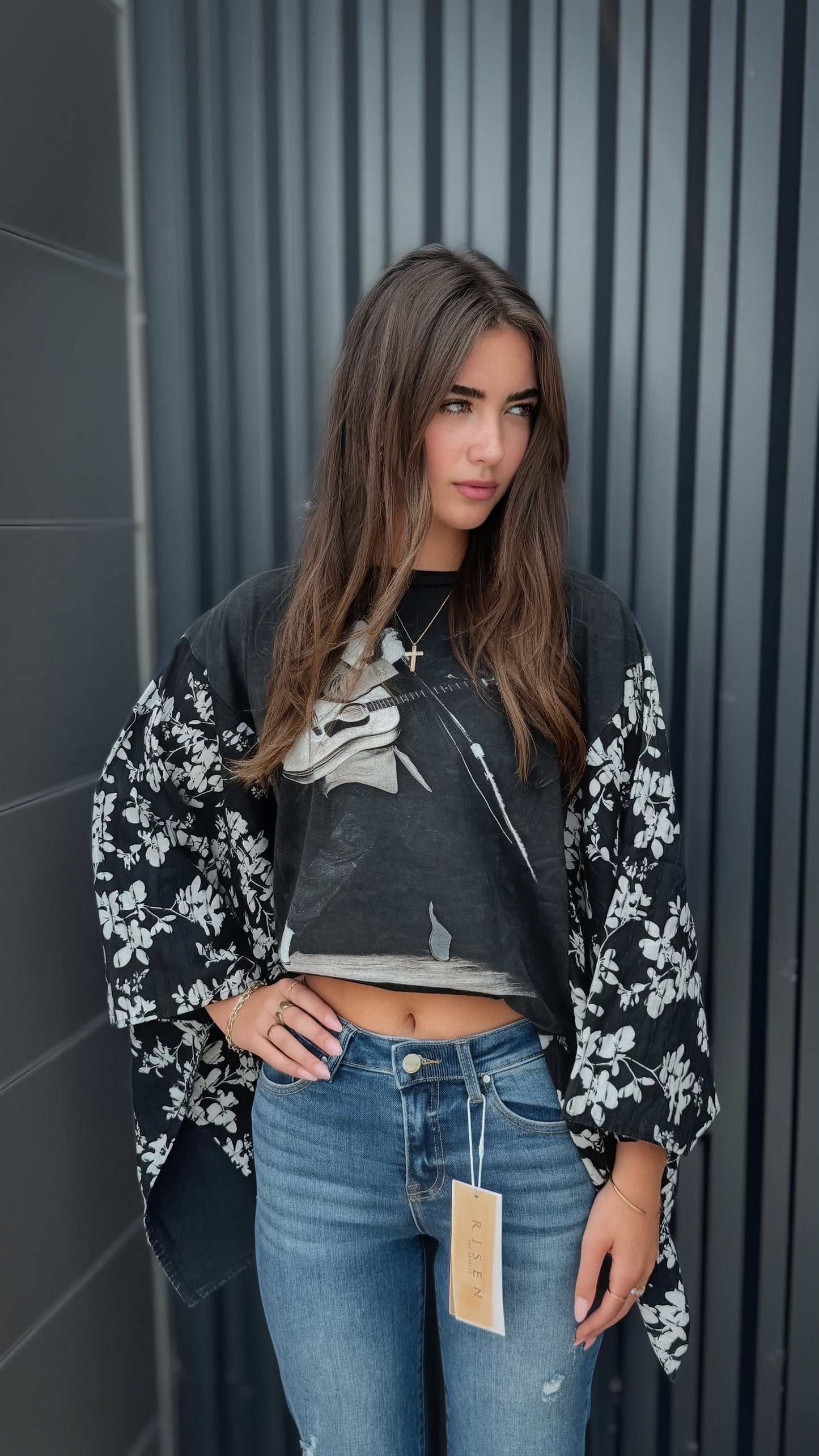 Elvis Print Floral Sleeve Poncho Top