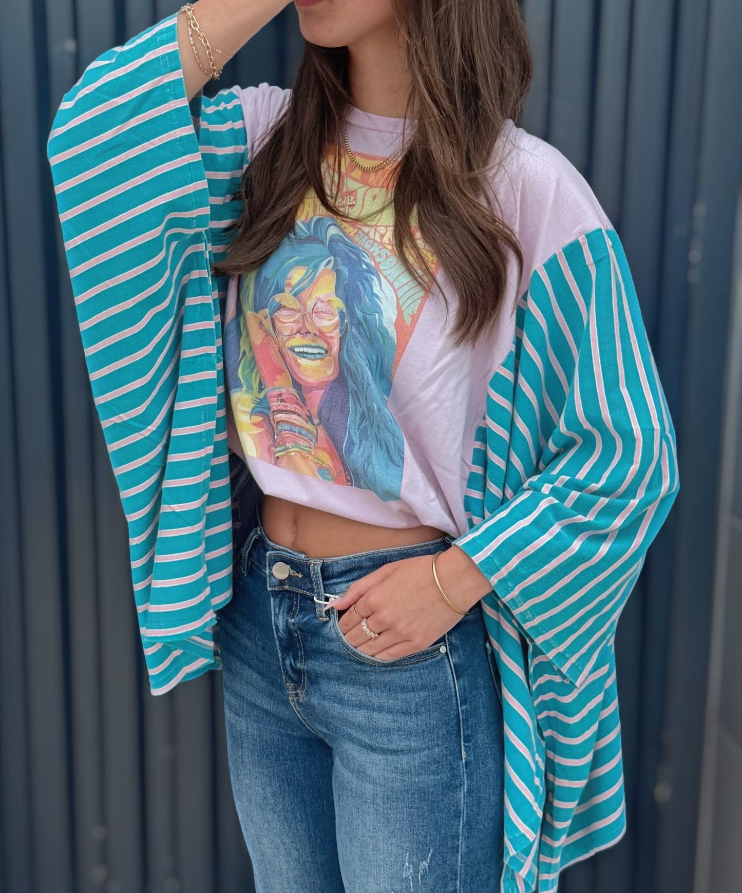 Janis Print Strip Sleeve Poncho Top