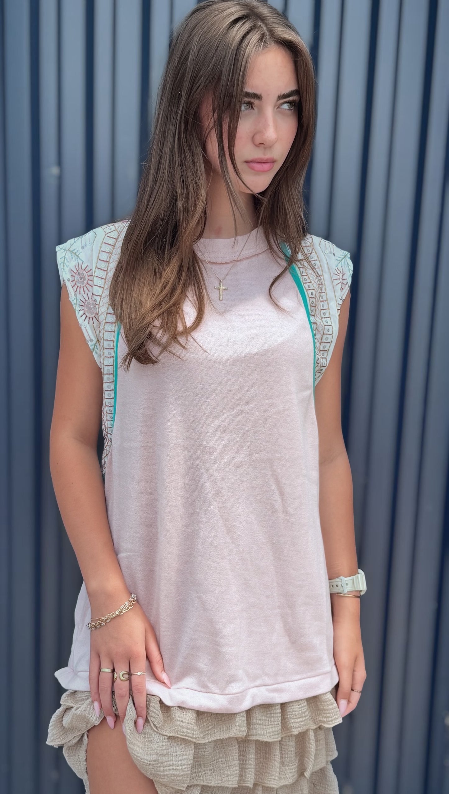 Sequined Chiffon Contrast Side Slit Top