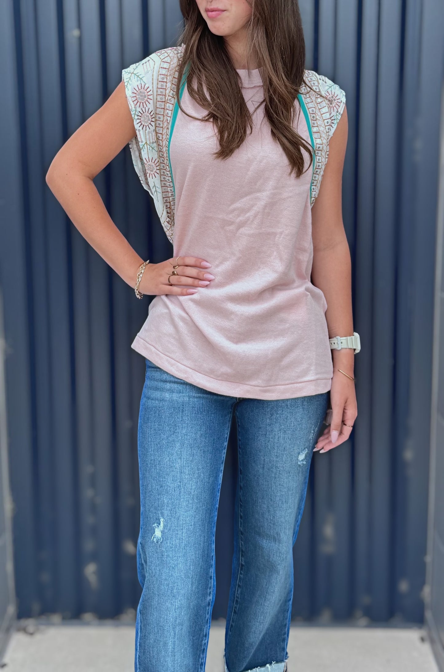 Sequined Chiffon Contrast Side Slit Top