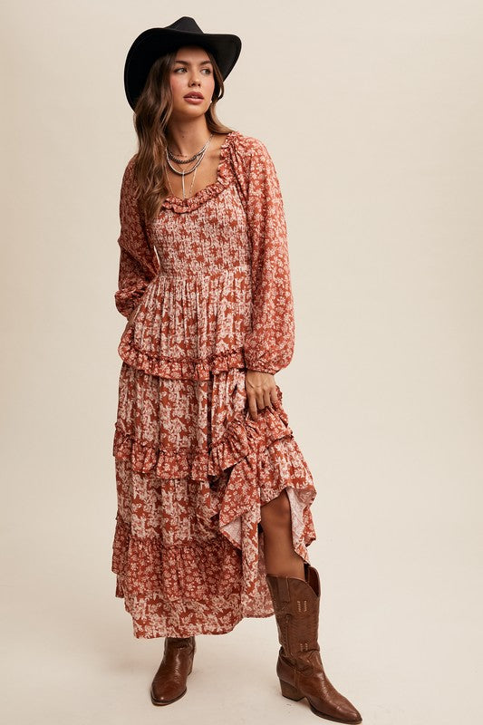 Rust Floral Tiered Maxi Dress