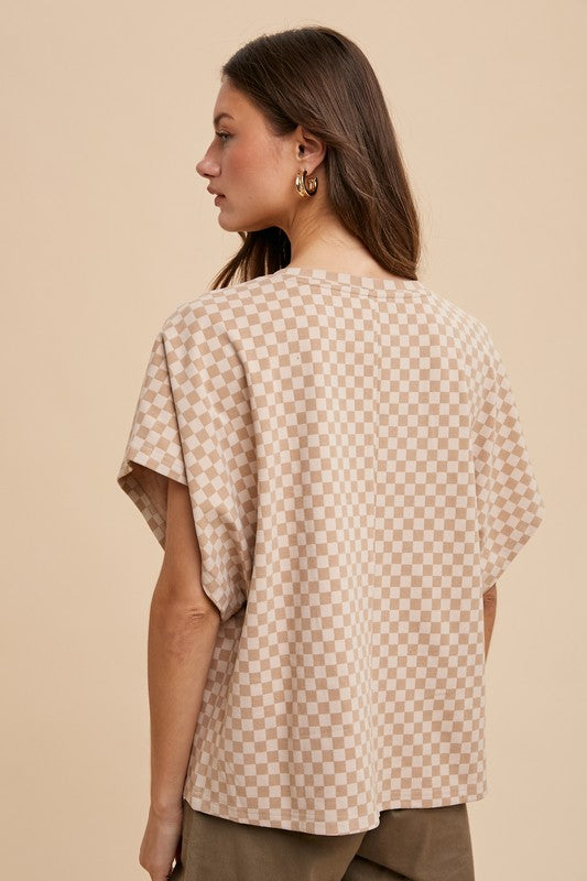 Almond Checkered Brushed Knit Top