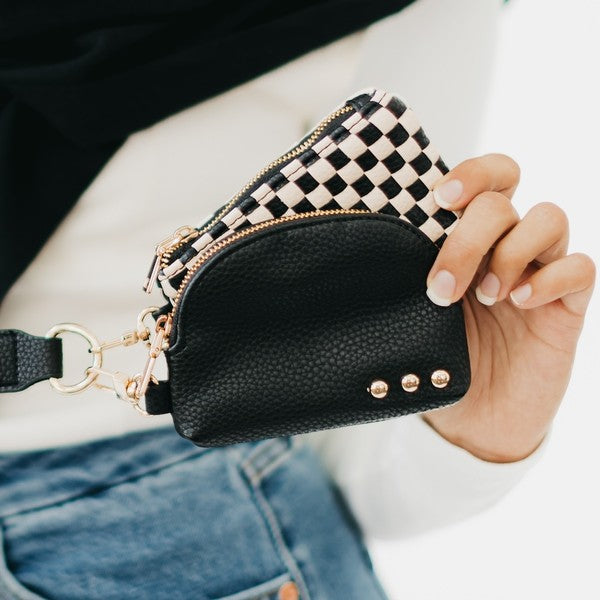 Black Checkered Woven Wristlet
