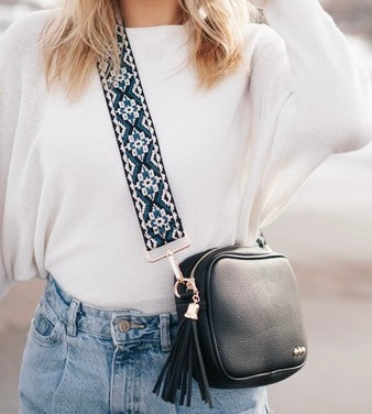 Black Crossbody with Blue Canvas Strap