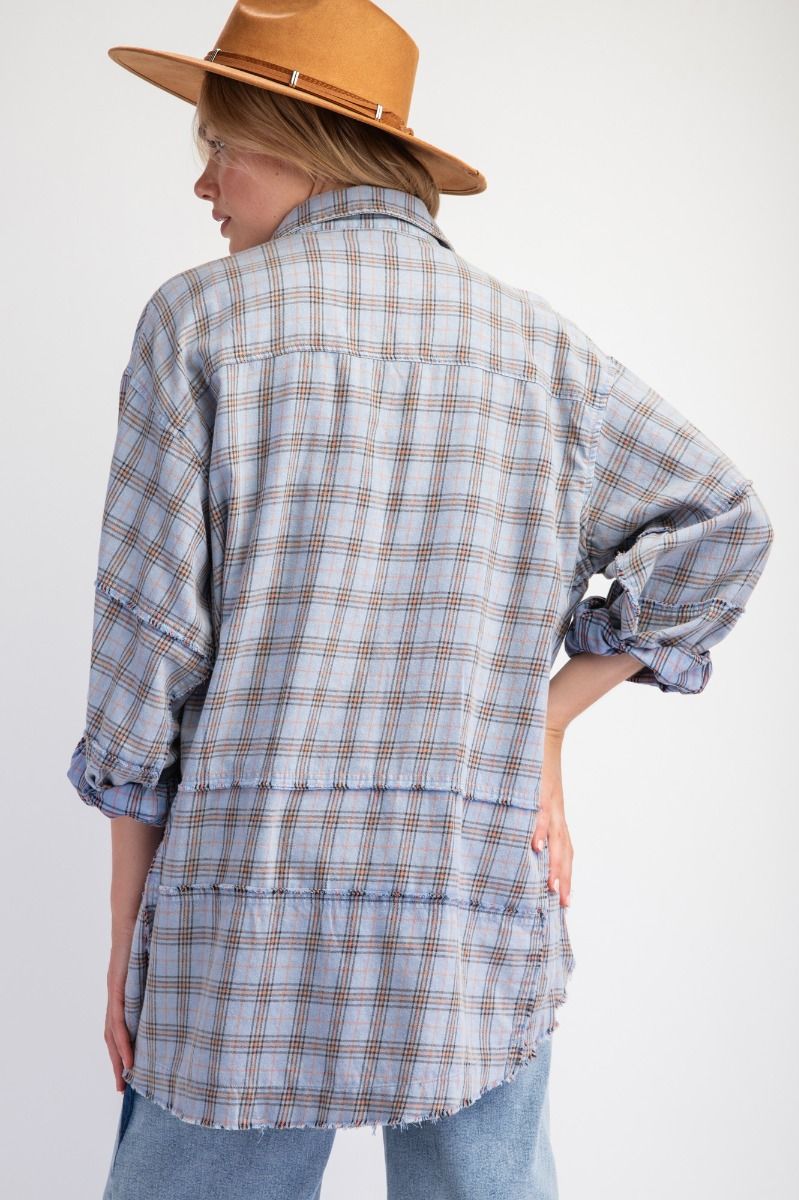 Soft Blue Mineral Washed Plaid Button Up Shirt