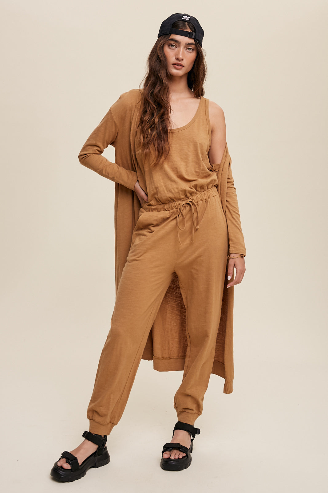 Jumpsuit & Long Cardigan Set (Mocha, Purple, Carmel)