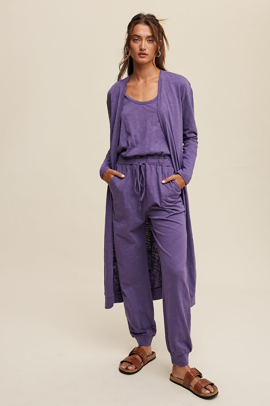 Jumpsuit & Long Cardigan Set (Mocha, Purple, Carmel)