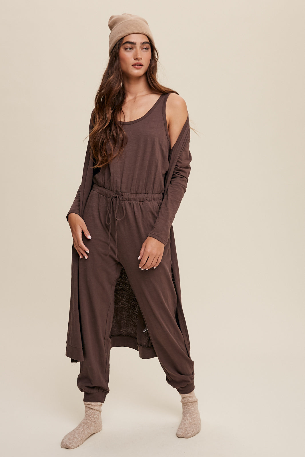 Jumpsuit & Long Cardigan Set (Mocha, Purple, Carmel)