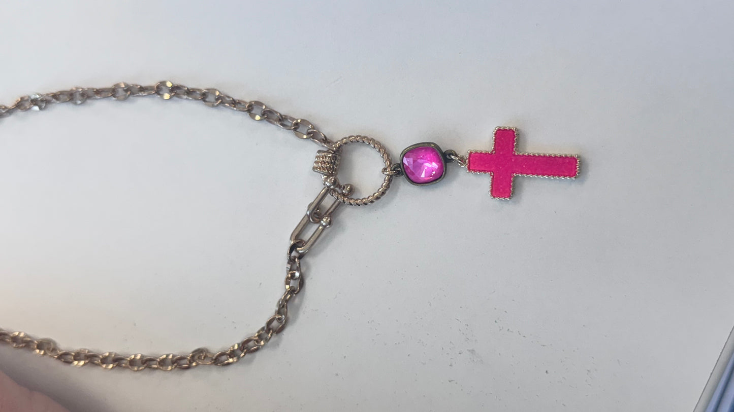 Neon Hot Pink Cross Necklace with Austrian Crystal