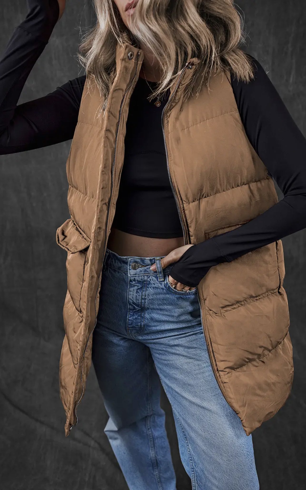 Tan Long Zipper Puffer Vest
