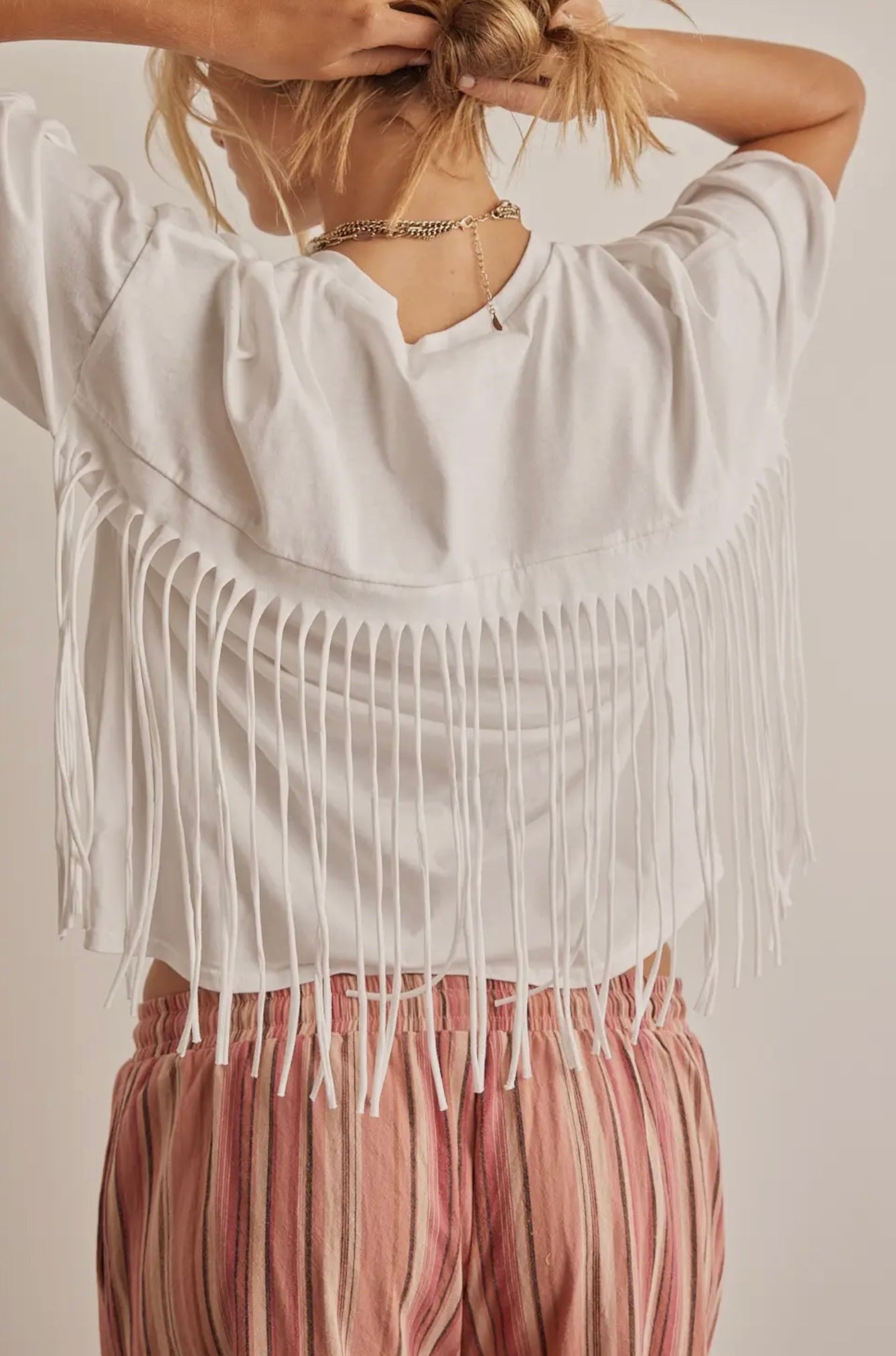 White Fringed Detail Oversized Crop T-Shirt