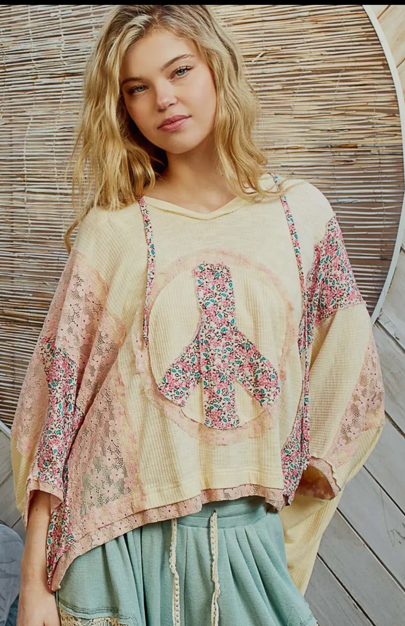 V-Neck Floral Print Multi Color Peace Patch Top