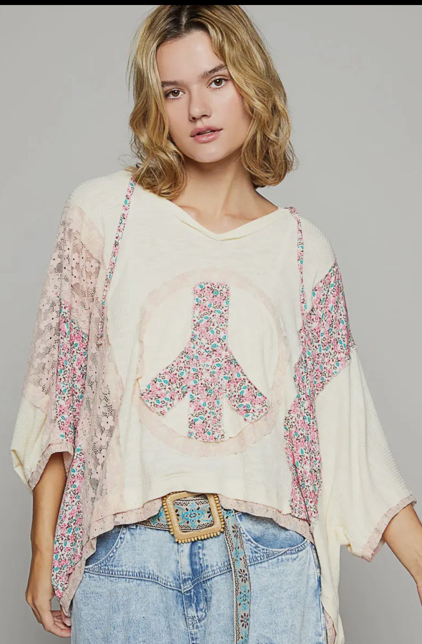 V-Neck Floral Print Multi Color Peace Patch Top