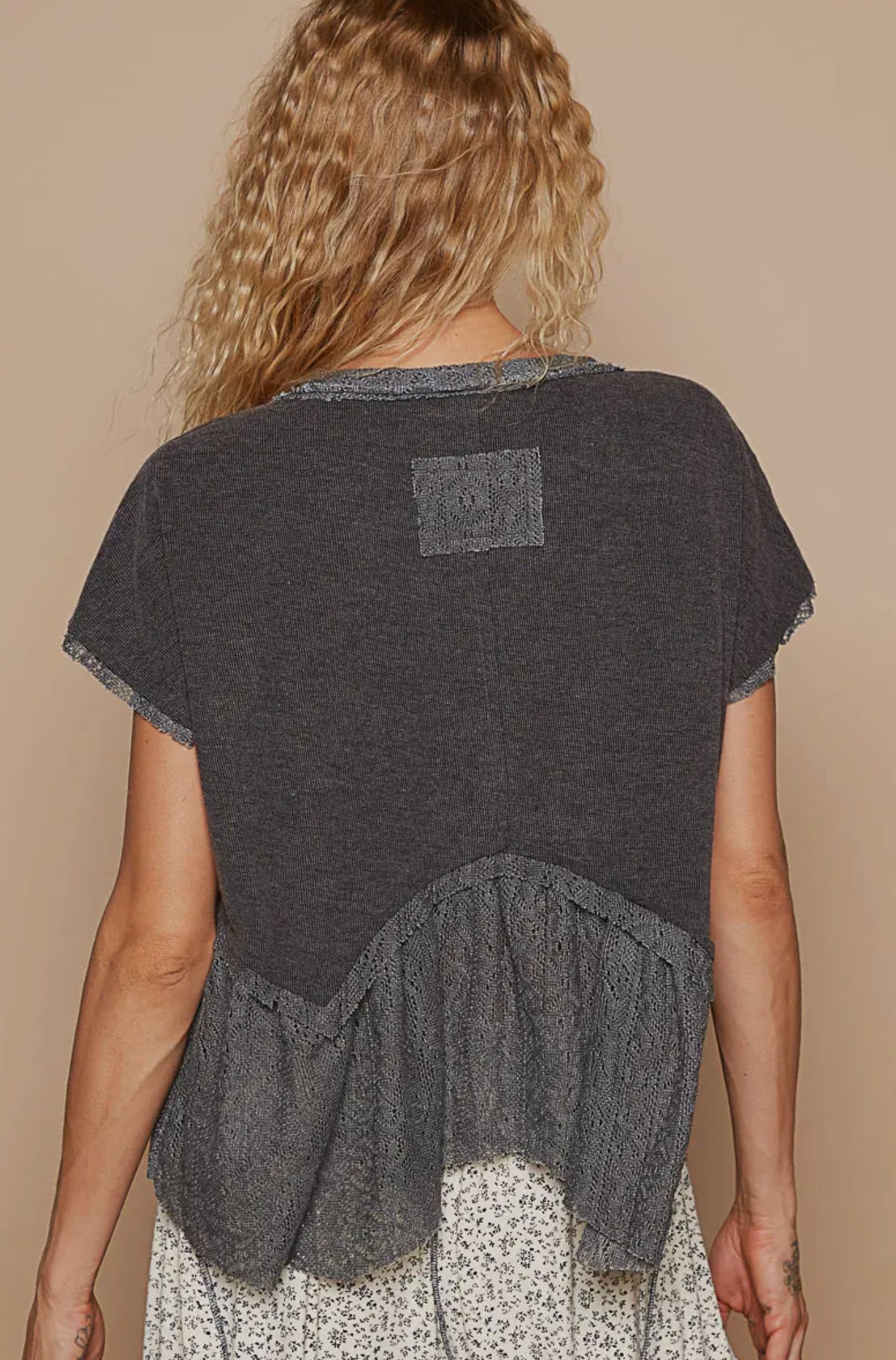 Gray Round Neck Short Sleeve Lace Detail Crop