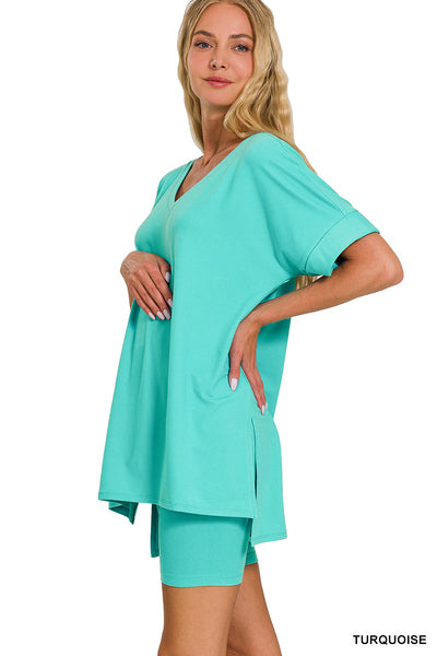 Turquoise V-Neck Biker Short Set