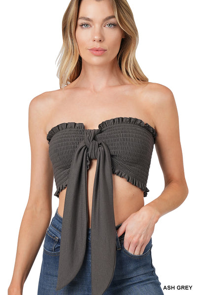 Ash Grey Smocked Tie Front Tube Top