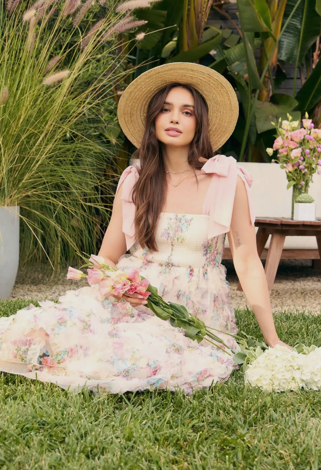 Dusty Rose Shoulder Tie Smocked Midi Dress