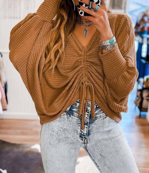 Rust V-Neck Drawstring Dolman