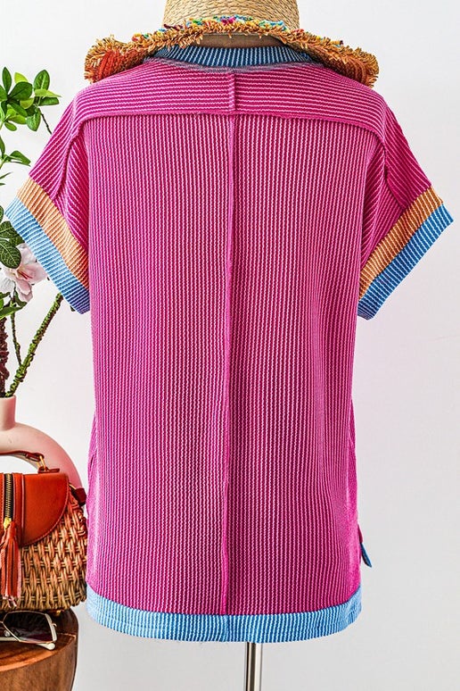 Pink Color Block Ribbed Top