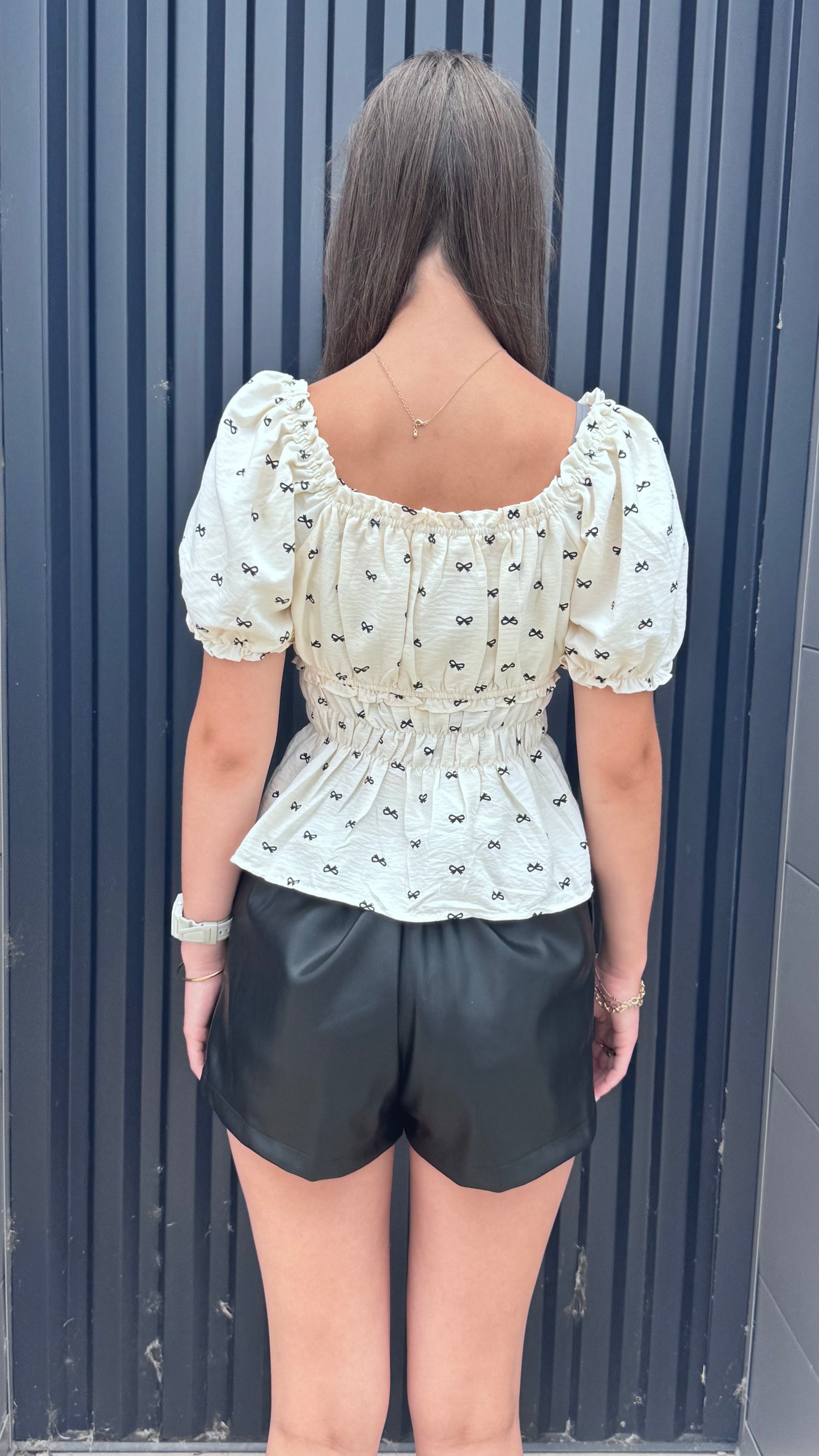 Bow Printed Peplum Blouse With Puff Sleeves