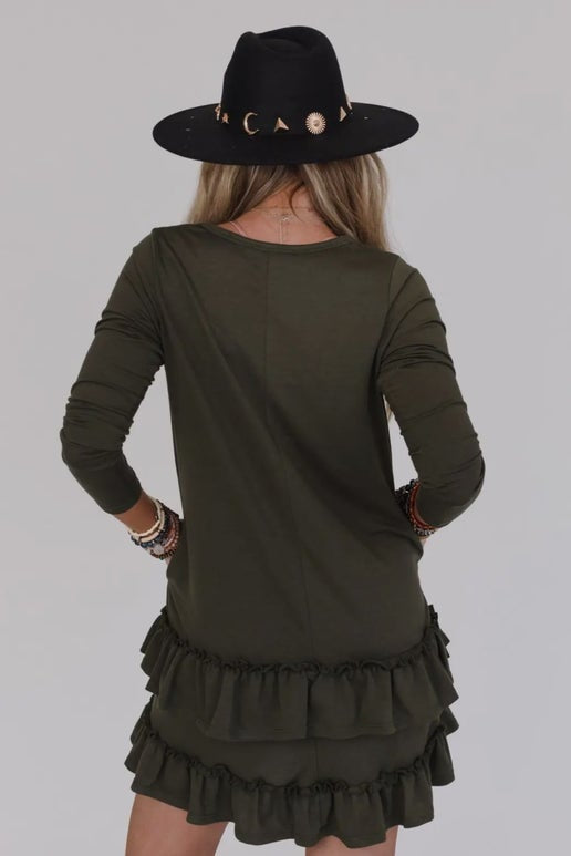Olive Long Sleeve Ruffle Hem Dress