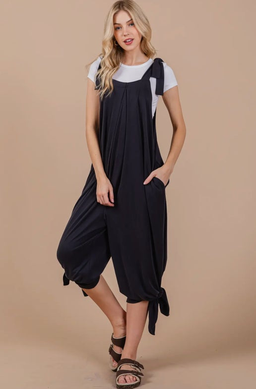 Black Modal Extra Wide Tie Sleeveless Overalls
