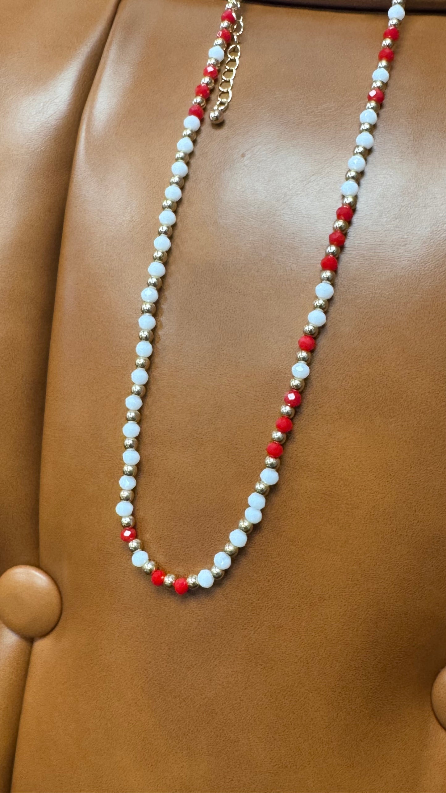 BT Red and White Gold Stackable Beaded Necklace