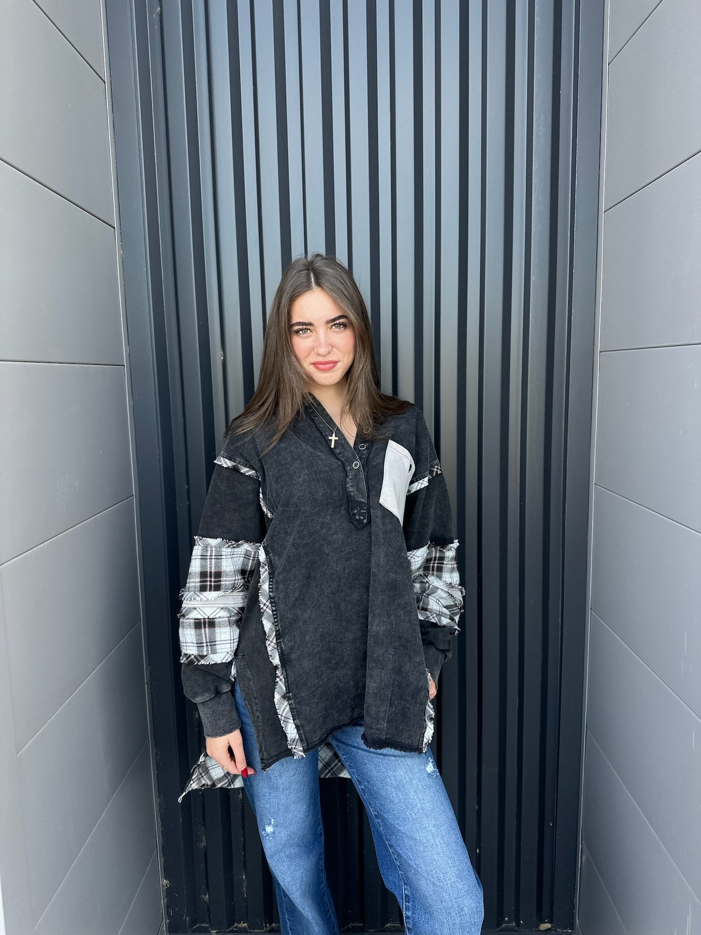 Black Multi Fabric Hooded Tunic