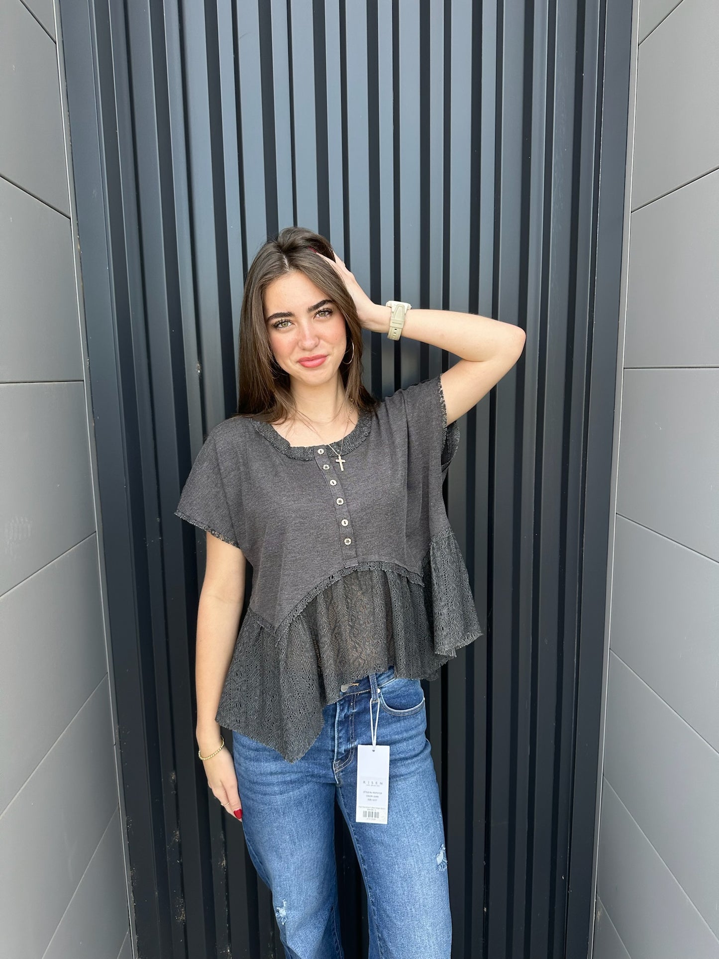 Gray Round Neck Short Sleeve Lace Detail Crop