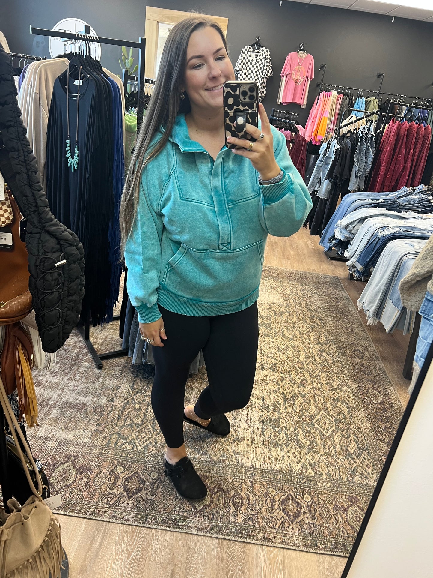 Teal Acid Wash Fleece Oversized 1/4 Zip Kangaroo Hoodie